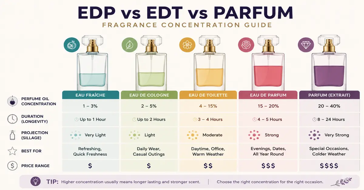 EDP vs EDT vs Parfum fragrance concentration comparison